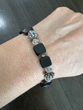 Black Square Bead  Bracelet with Crystal And Sterling Silver Accents
